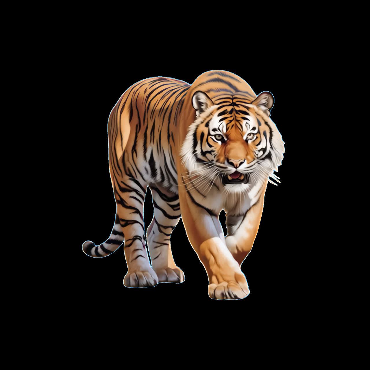 Majestic tiger walking forward gracefully animation isolated asset, transparent 4K video, alpha