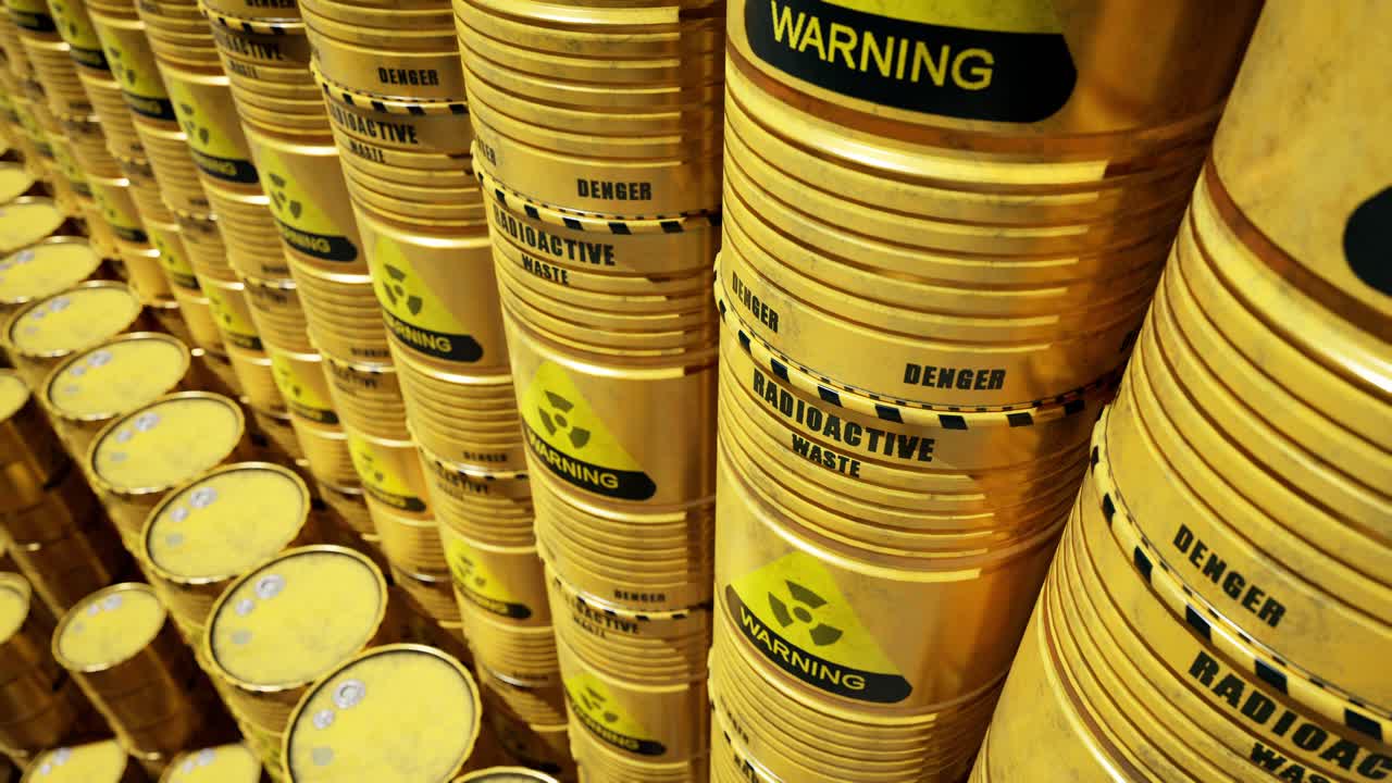 Dump Of Yellow And Black Barrels With Nuclear Radioactive Waste. Danger Of Radiation Contamination Of Industrial Containers. 3D Animation