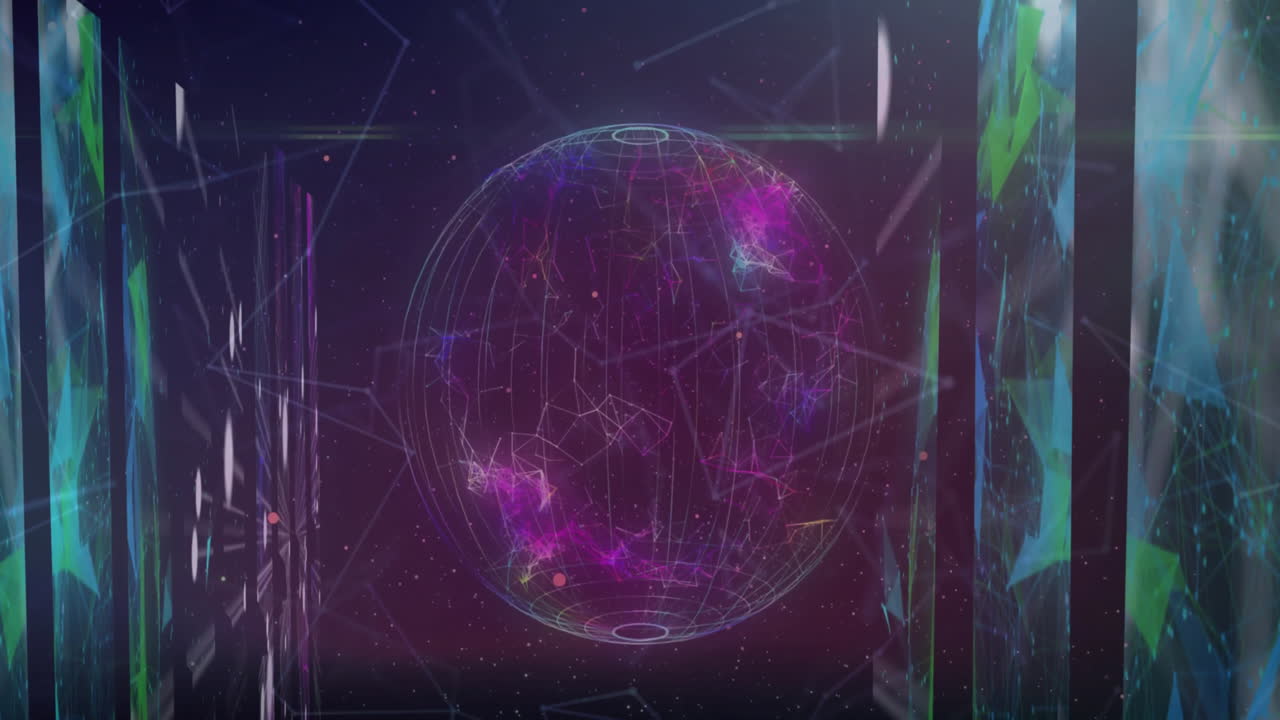 Animation of connected dots forming geometric shapes over globe against black background
