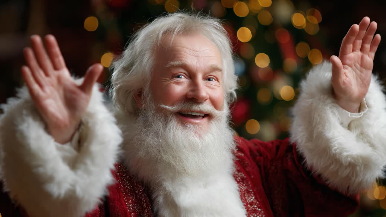 Babbo Natale gioioso che diffonde l'allegria delle feste con calorosi saluti, circondato da luci scintillanti e decorazioni festive, evocando lo spirito della meraviglia natalizia