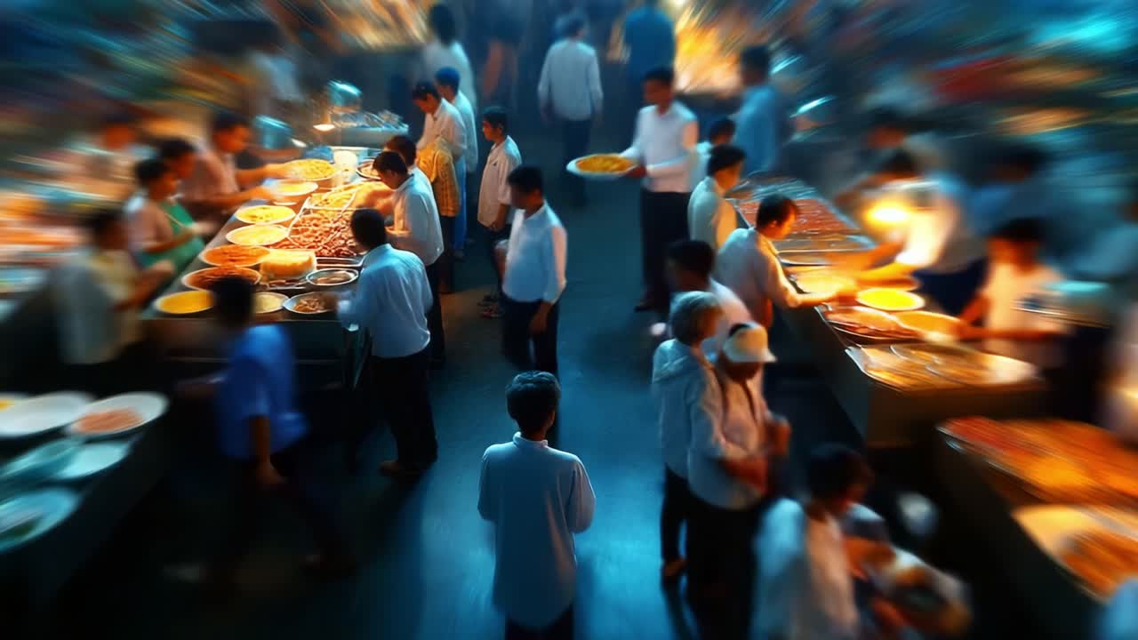 A Vibrant Night Market Scene: Capturing the Lively Atmosphere of Patrons Navigating Through Stalls Filled with Exquisite Dishes and Culinary Delights Under Soft Glow of Lights