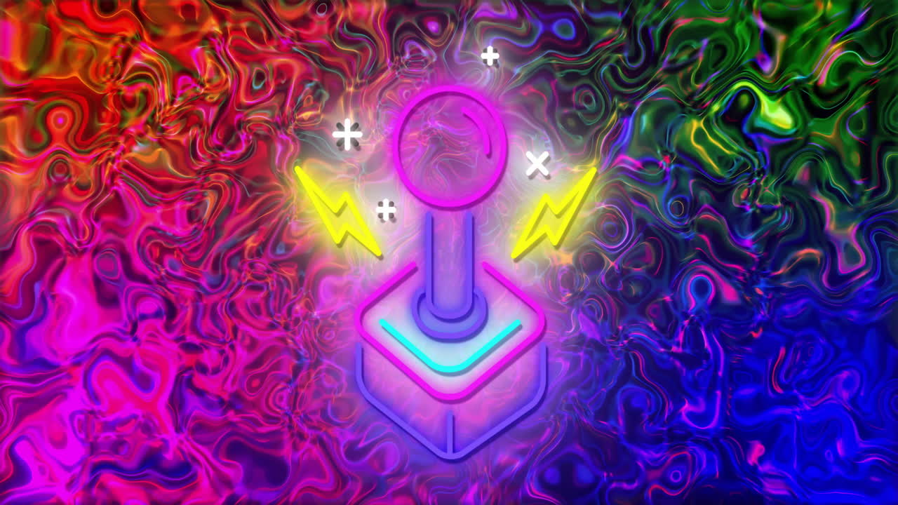 Animation of colorful joystick with lightning symbols on vibrant swirling background