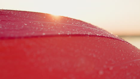 cerca de un paraguas rojo con gotas de lluvia