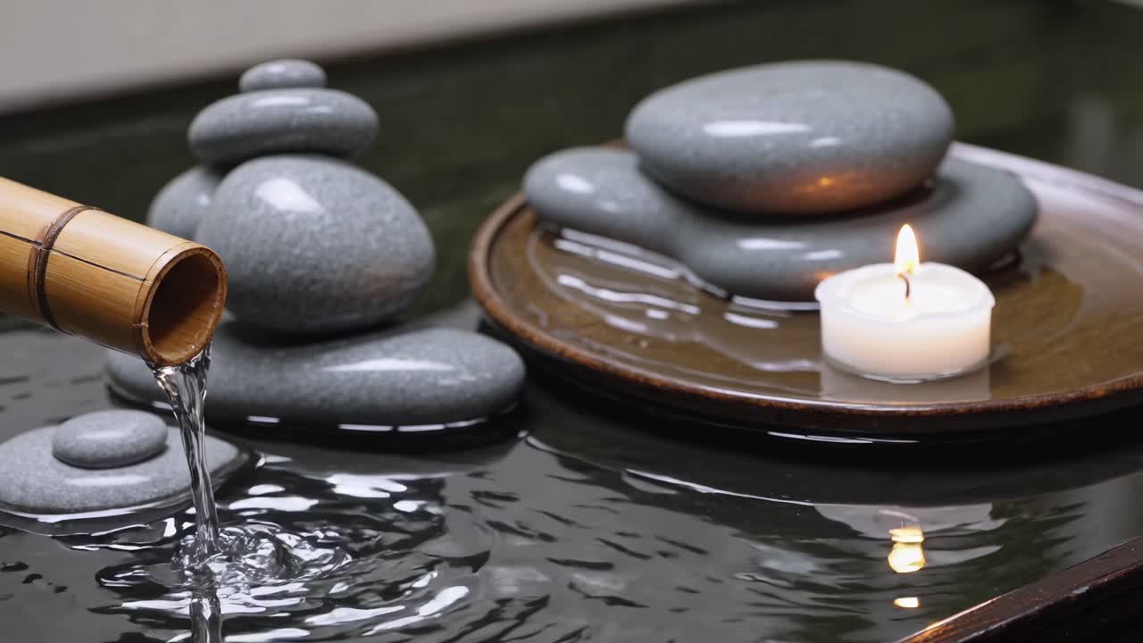 滑らかな石と水に浮かぶろうそく、竹の注ぎ口から水が流れ出る禅の動画シーン