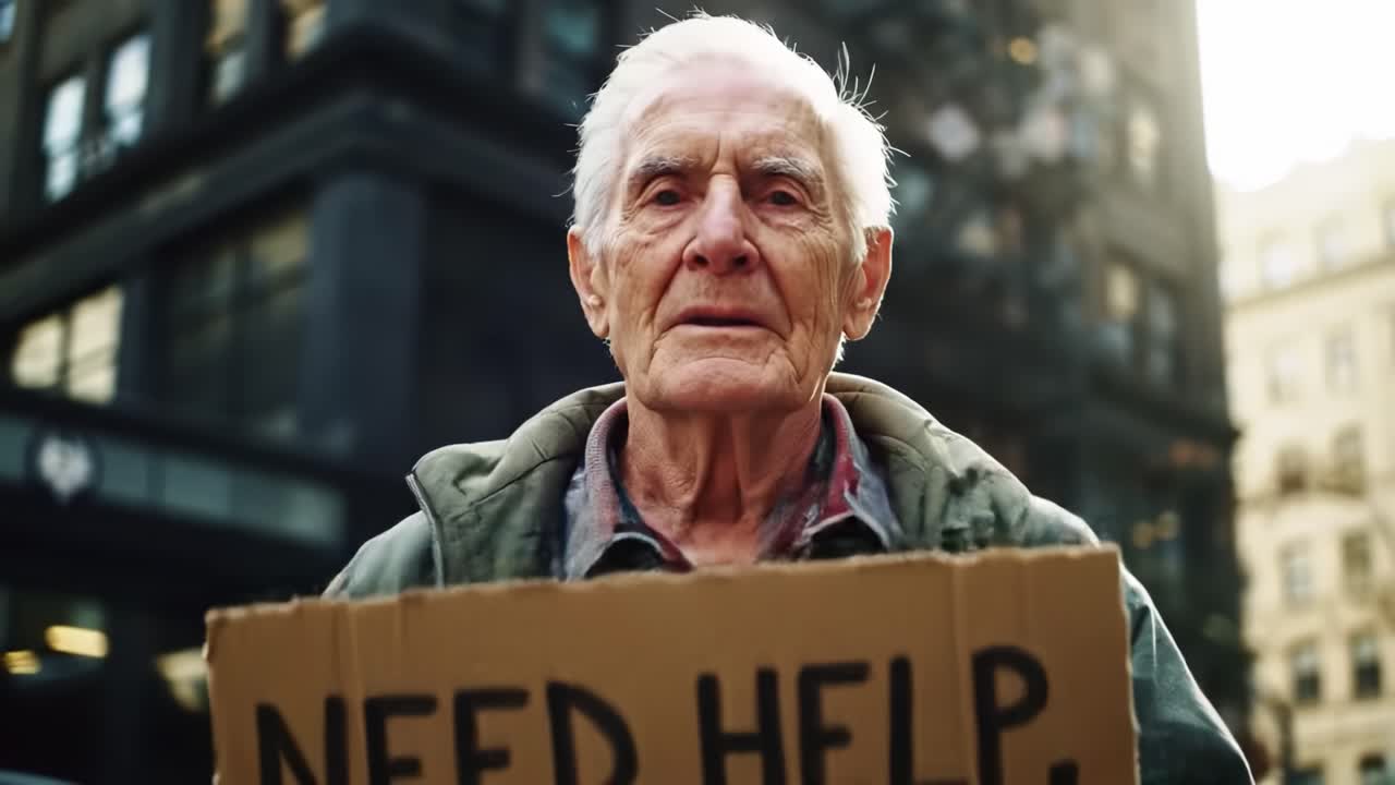 An Elderly Man Holds a Sign Asking for Help in an Urban Setting, Highlighting the Plight of Homelessness and the Struggle for Basic Needs in Modern Society
