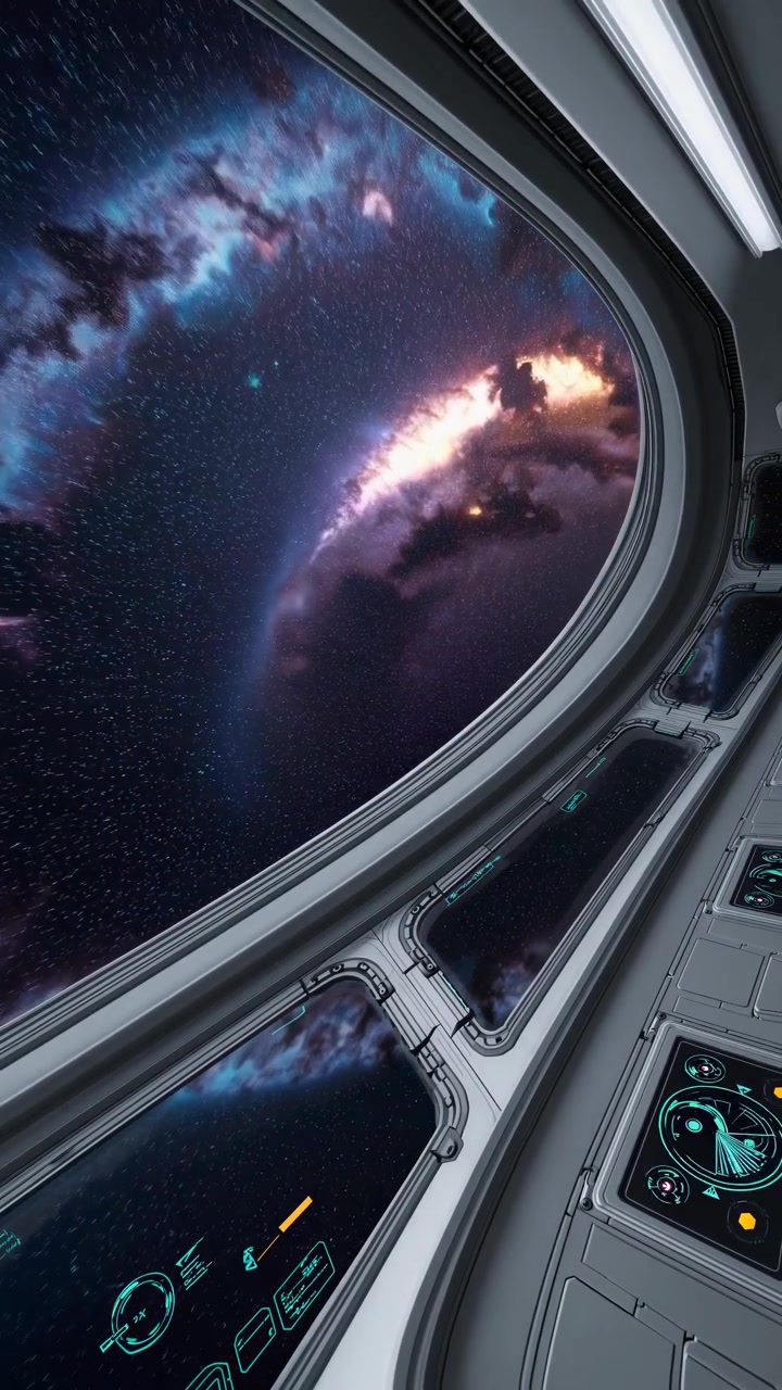 Vista do cockpit de uma nave espacial futurista do espaço, com planetas e estrelas