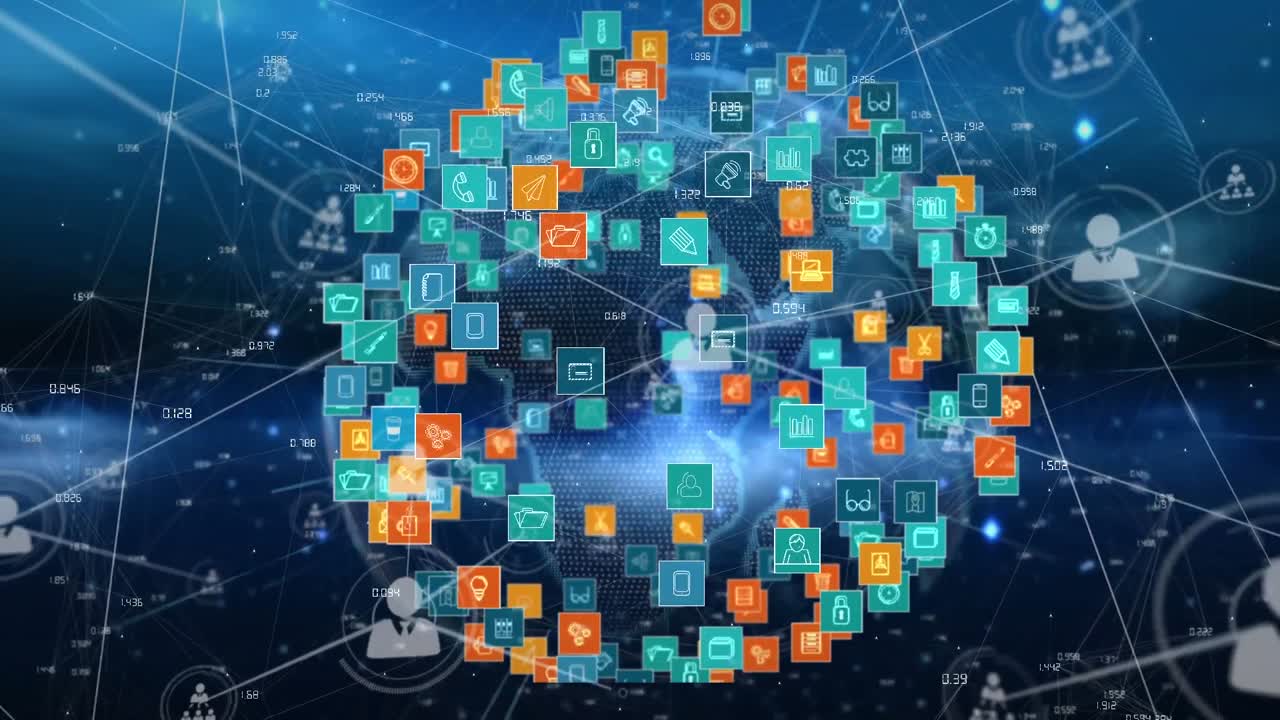 animación de la red de conexiones con iconos y globo sobre fondo azul