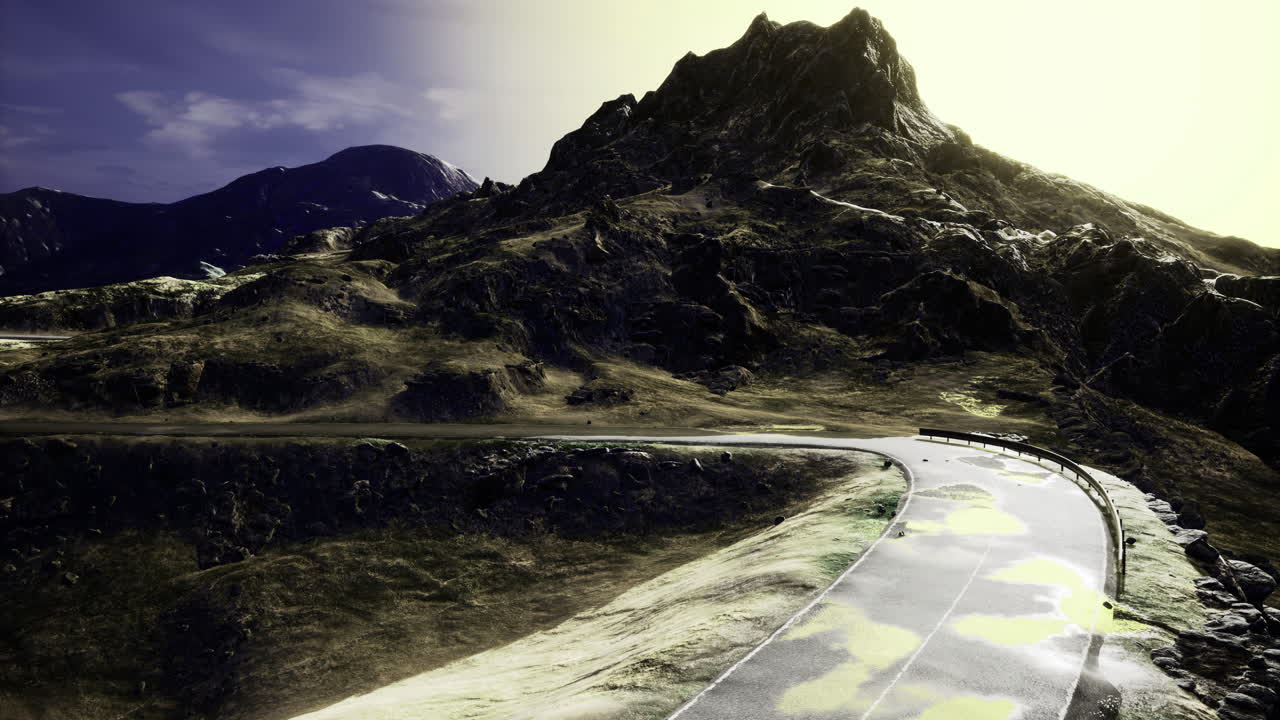 Majestic rocky landscape with winding road under bright sunlight