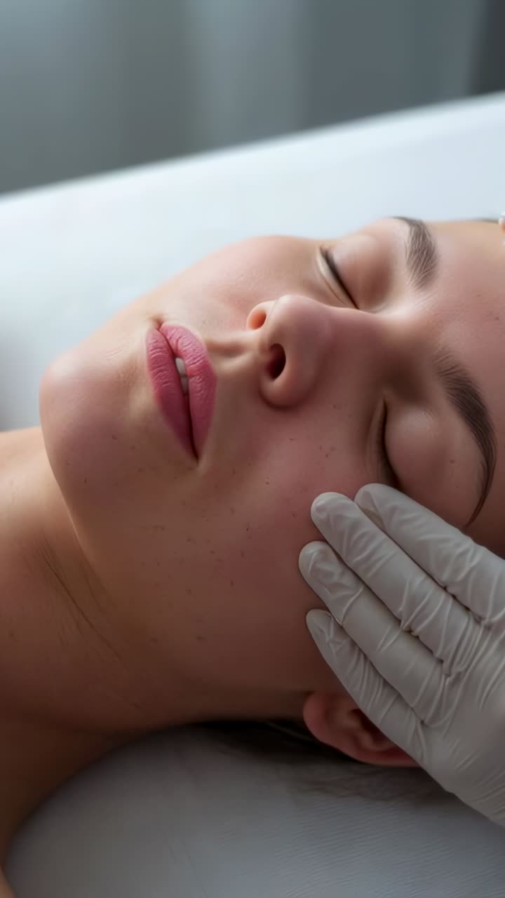 Vídeo vertical: terapeuta de luvas brancas tocando a bochecha direita e fazendo movimentos para tratamento facial em um spa