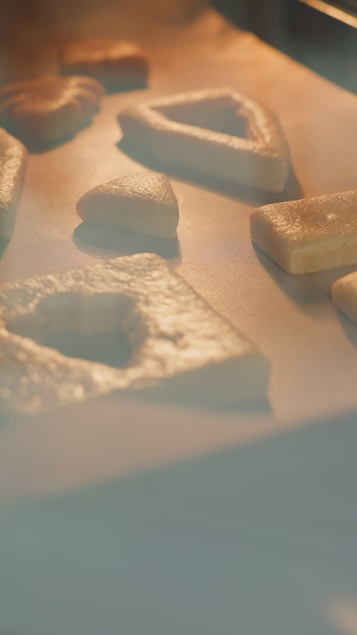 다양한 모양의 금색 쿠키가 오븐에서 구워지고, 오븐 유리를 통해 볼 수 있으며, 따뜻한 금색 빛이 그들을 비추고, 아하고 초대하는 베이킹 분위기를 만니다.