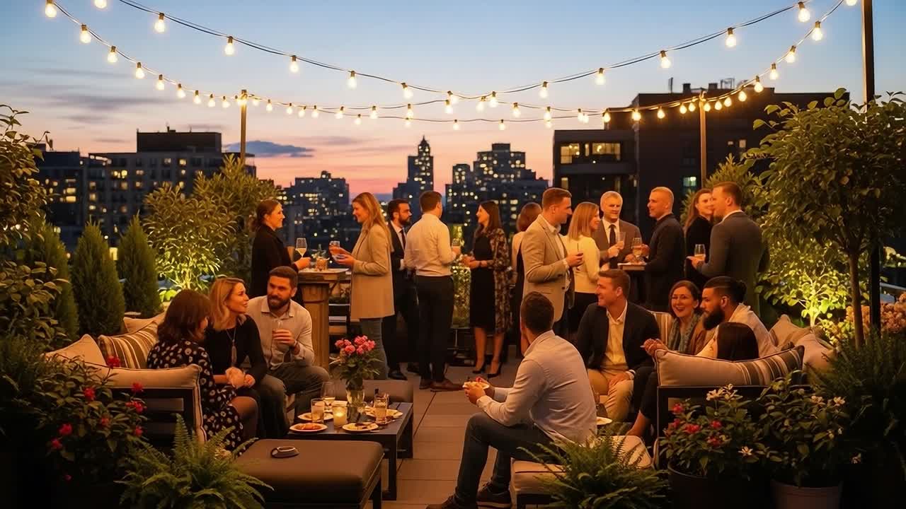 An Elegant Evening Rooftop Gathering with Lively Conversations, Scenic City Views, and Warm Ambient Lighting Creating a Cozy Atmosphere for Celebration