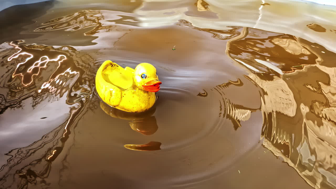 Rubber duck floating in dark water with reflection of tree branches