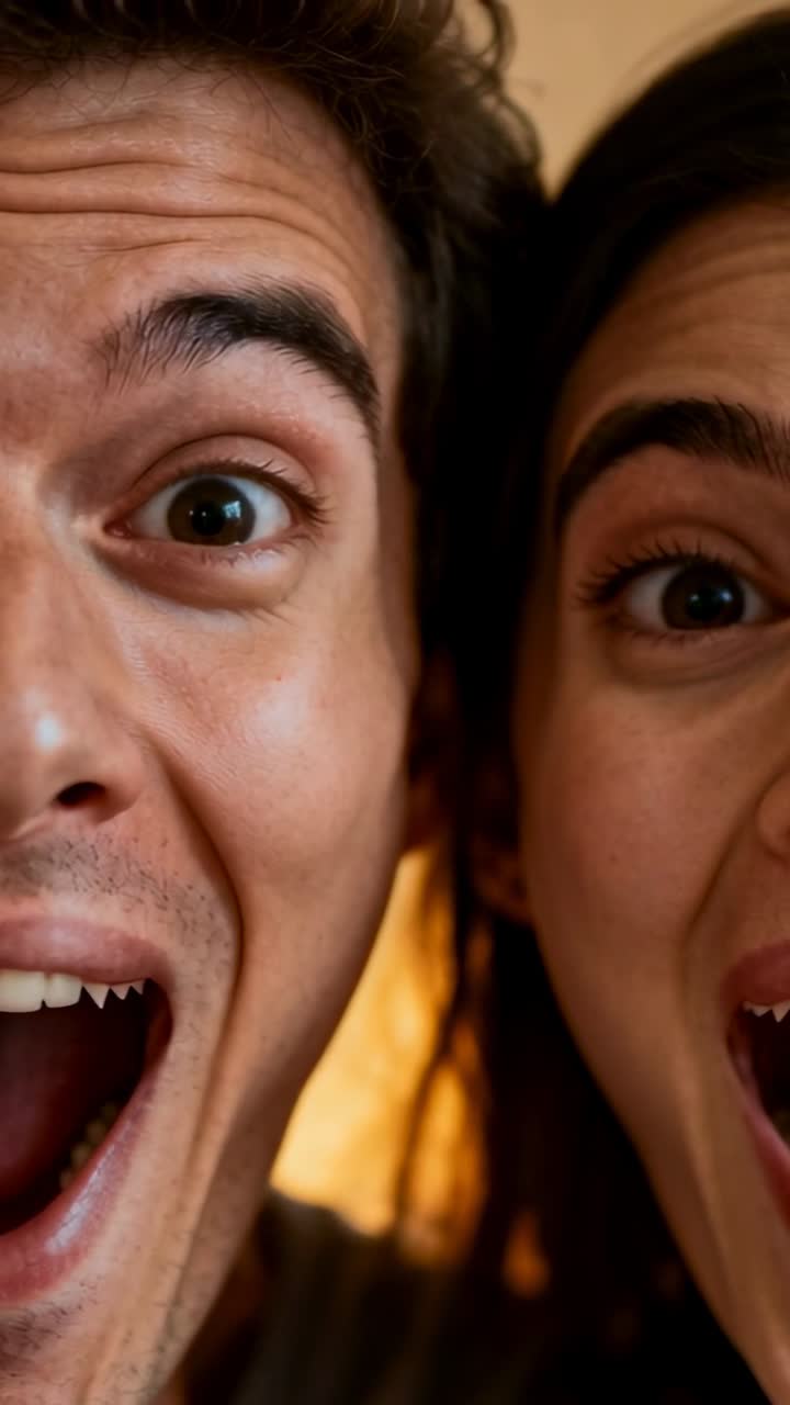 Video verticale: Una coppia che passa dalla sorpresa al sorriso a casa per un selfie, con retroilluminazione calda.
