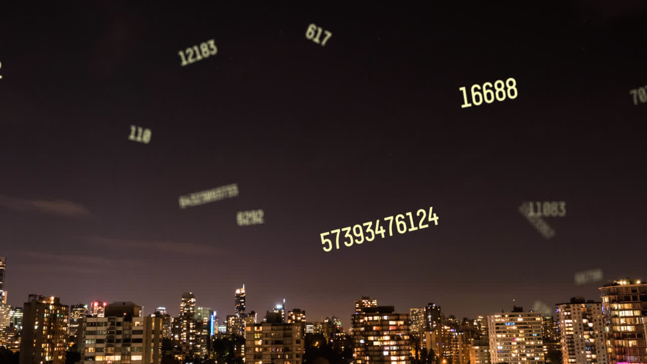 animación de números que caen sobre el paisaje urbano