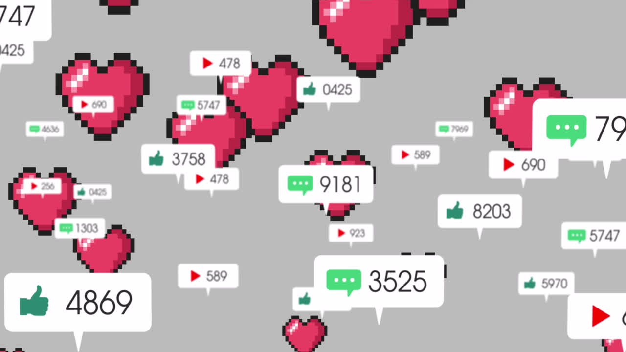 회색 배경에 미디어와 심장 아이콘의 애니메이션