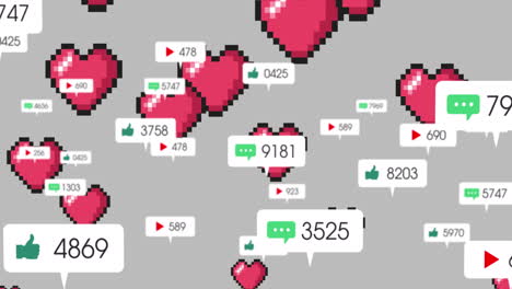 animación de los medios y los iconos de corazón en fondo gris