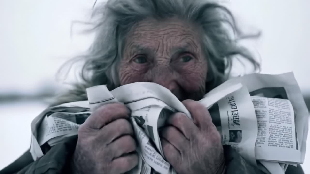 An elderly woman embraces a newspaper, showcasing a profound connection to stories and memories, set against a snowy backdrop that highlights resilience and nostalgia