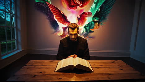 man in prayer with illuminated biblical scenes