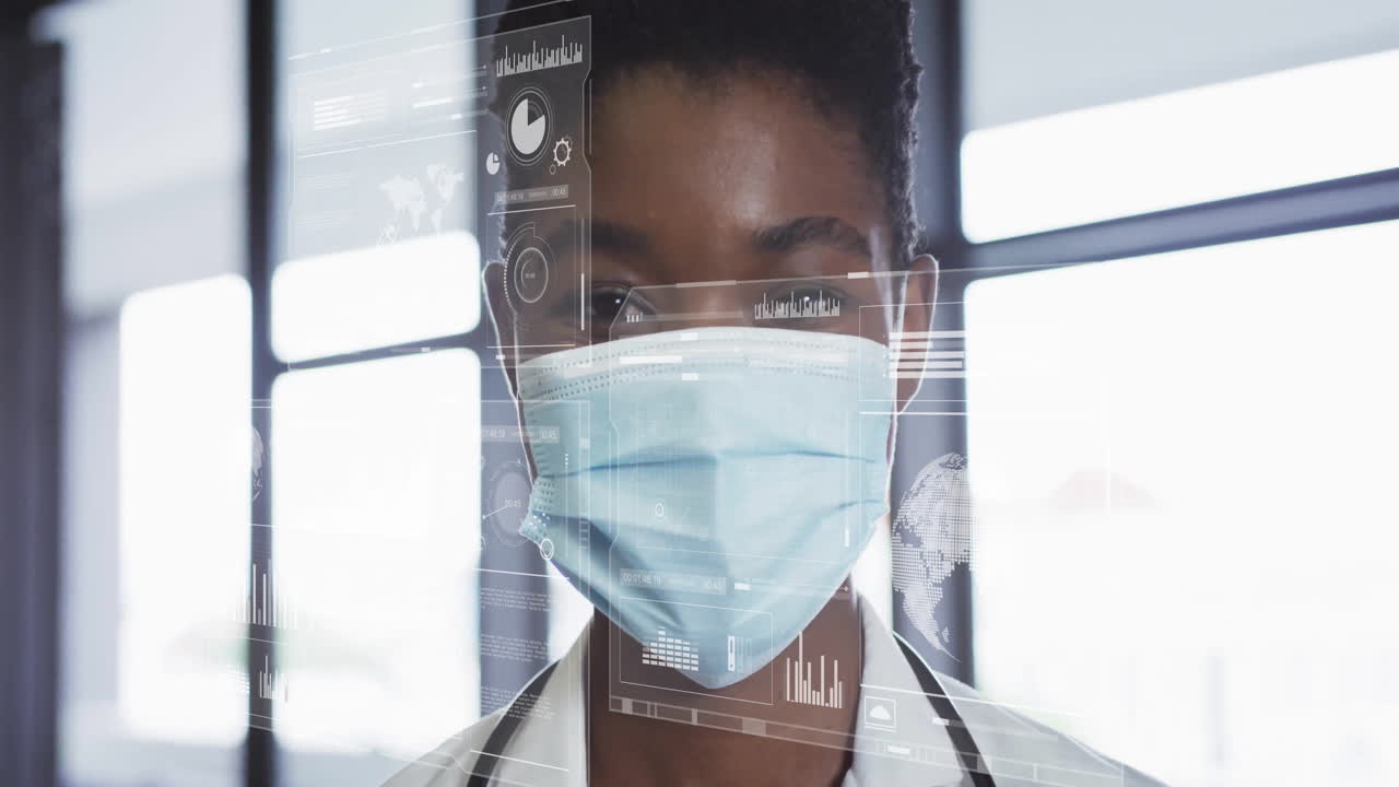 Healthcare professional wearing surgical mask examining floating charts and world map overlays