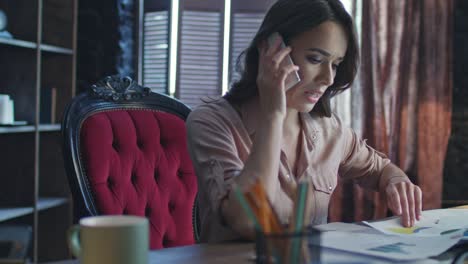 mujer nerviosa llamando por teléfono móvil. analista financiero trabajando en la oficina
