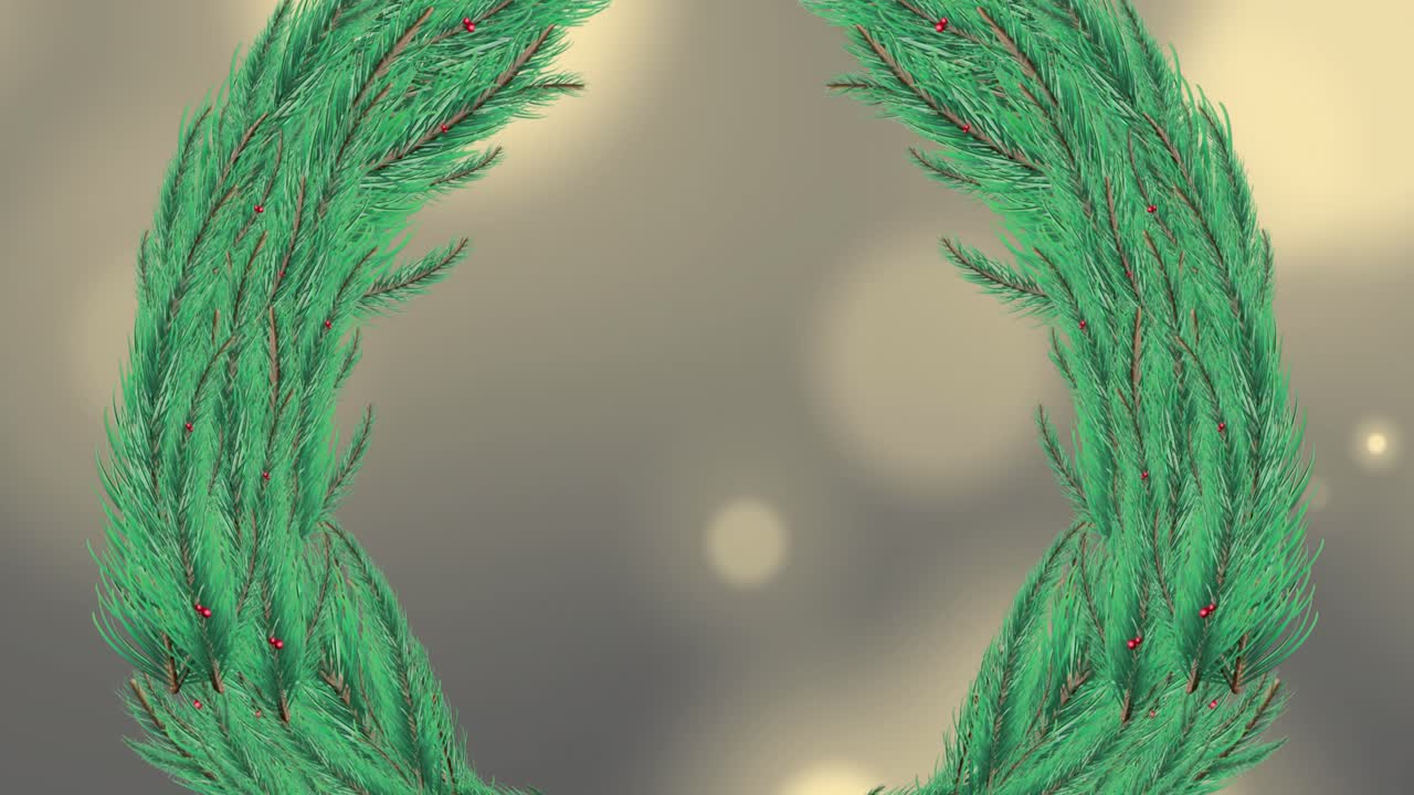 Animation of decorative christmas wreath over yellow spots of light against grey background