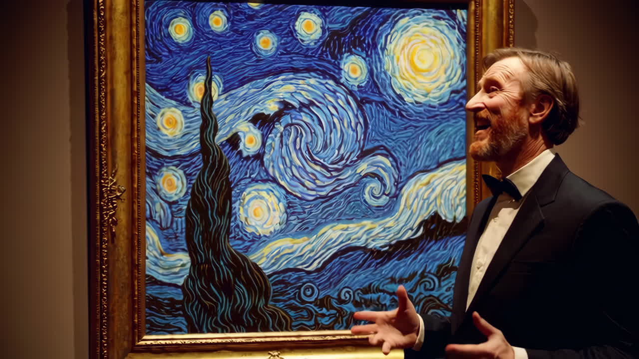 Man in Formal Wear Looking at Starry Night Painting