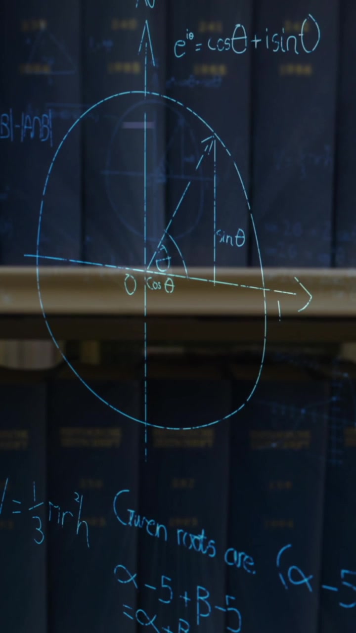Mathematical equations with figures and a book shelf