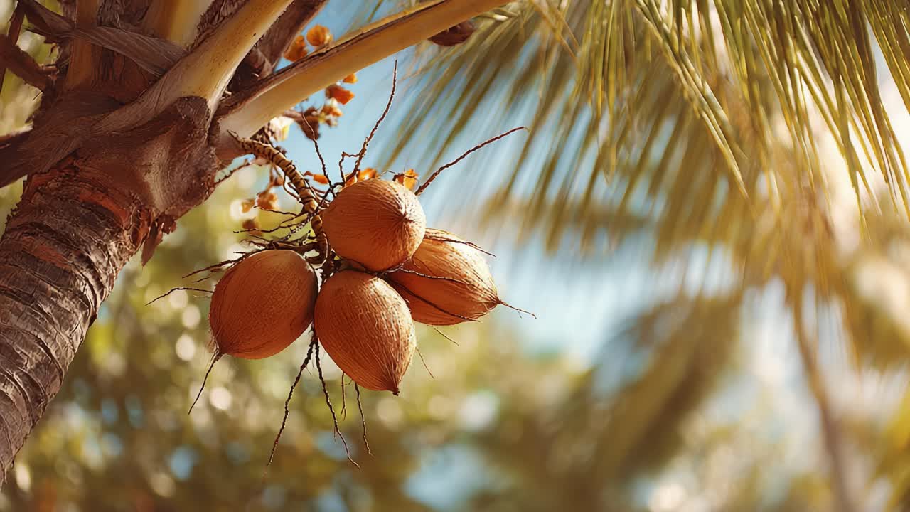 A Close-Up Look at Coconut Clusters Hanging from a Palm Tree, Showcasing Their Natural Beauty and Tropical Vibes Under a Bright Blue Sky