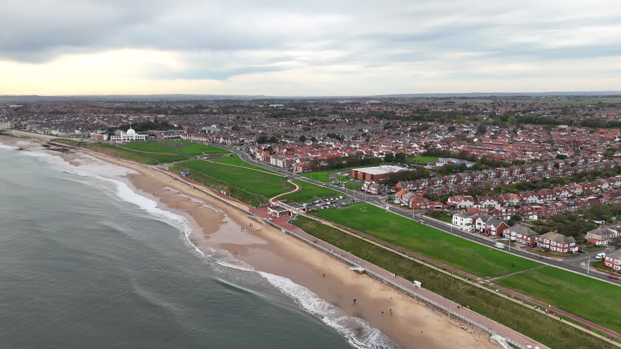 Aerial drone view Whitley Bay seaside beach british town city english city tyne and wear north east england coastline