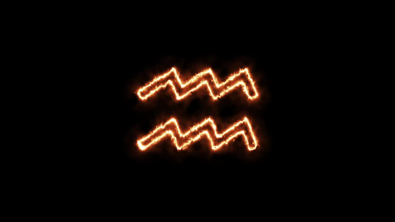 Zodiac signs Aquarius on fire. Animation on a black background letters 4K video is burning in a flame.