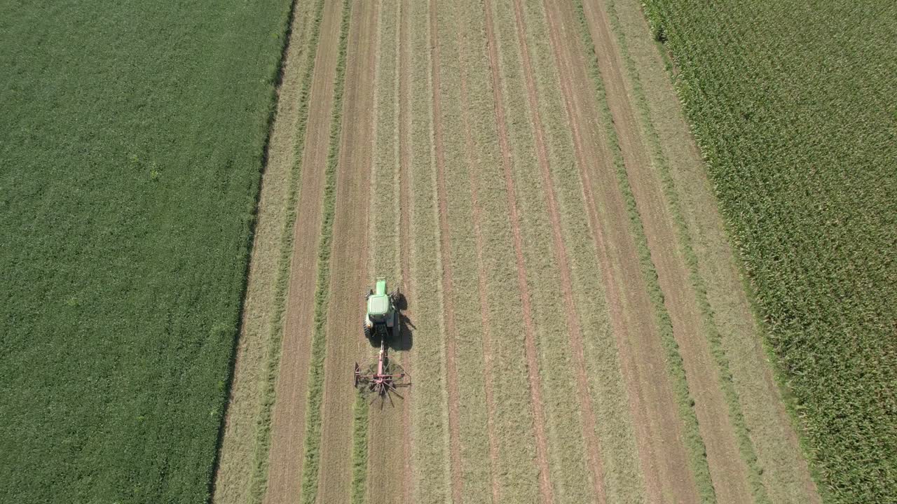 en un campo agrícola en el suroeste de wisconsin, un agricultor rastrilla el heno con un rastrillo giratorio