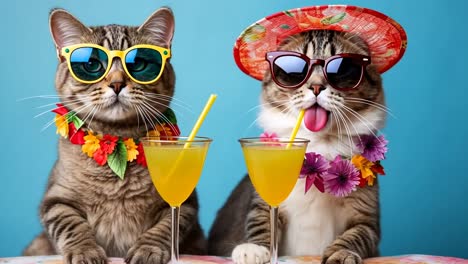 two cats in sunglasses and leis sit at a table with drinks, shot from a front angle