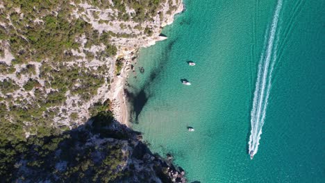 boat drives past a beautiful beach