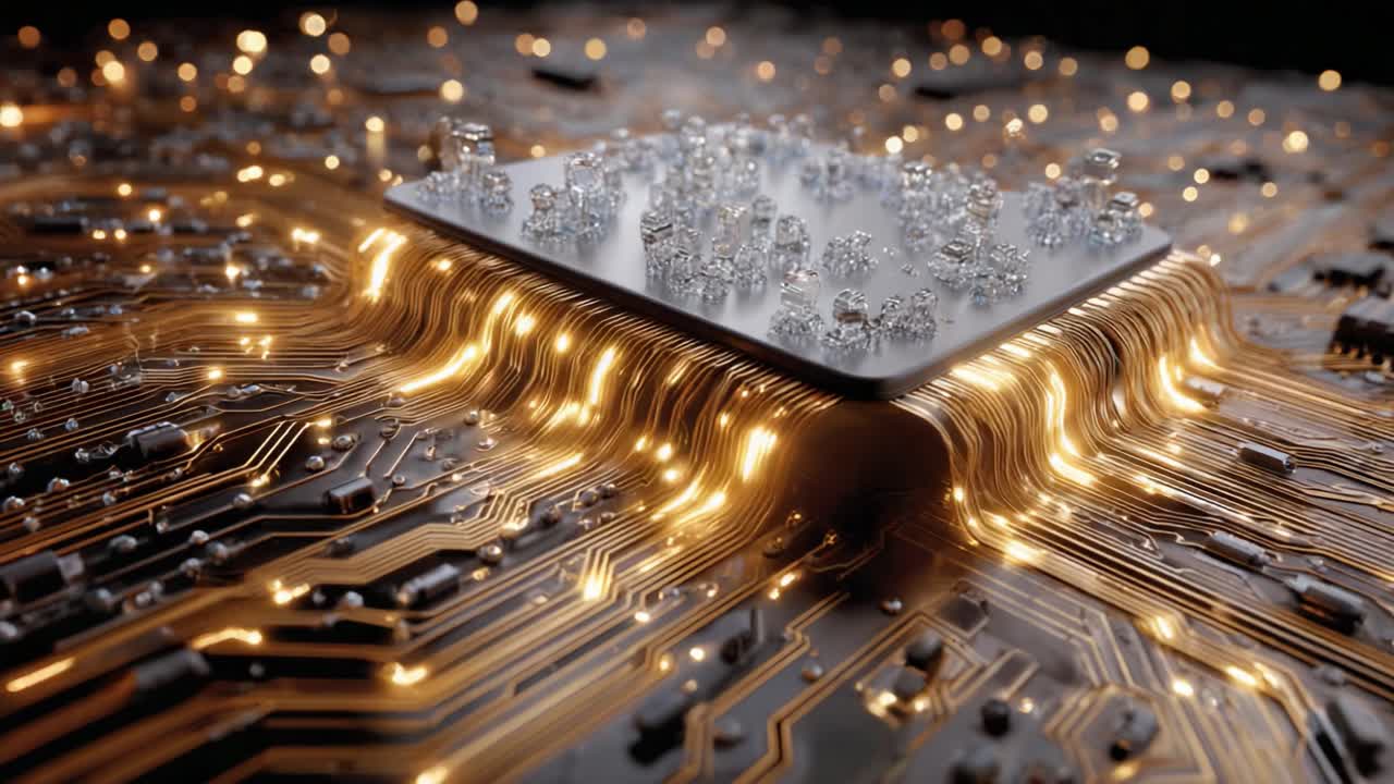 An Intricate Circuitry Design Highlighting a Central Processing Unit Surrounded by Illuminated Lines and Crystal-like Structures in a High-Tech Environment