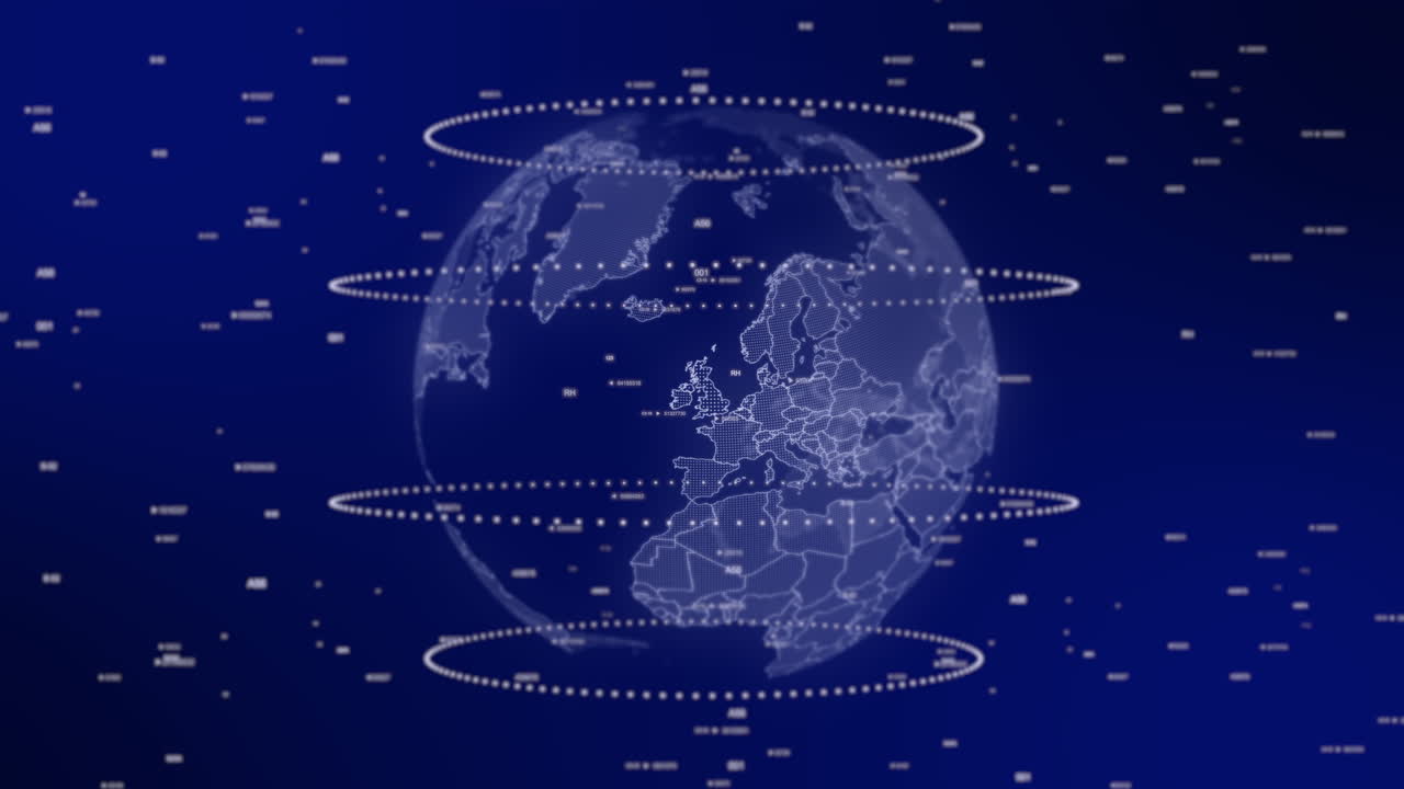 United Kingdom country emerges on rotating digital globe, surrounded by energy particles, illustrating advanced data analysis in cinematic background