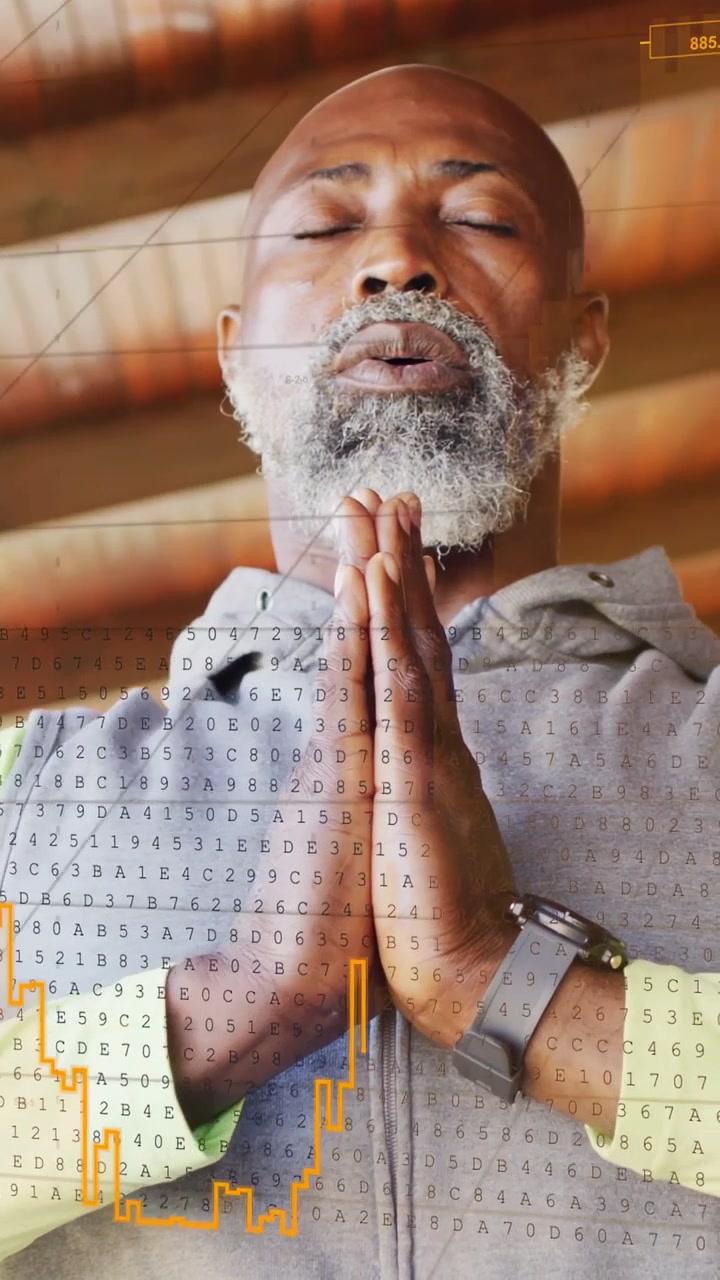 Vertical video: Man praying, breathing, watch activating matrix and rising orange chart for health