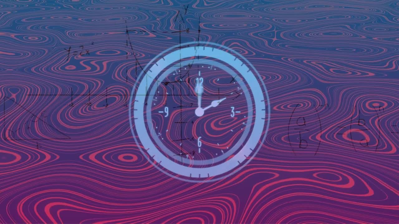 animación de reloj, fórmulas matemáticas y fondo con ondas violetas y rosas