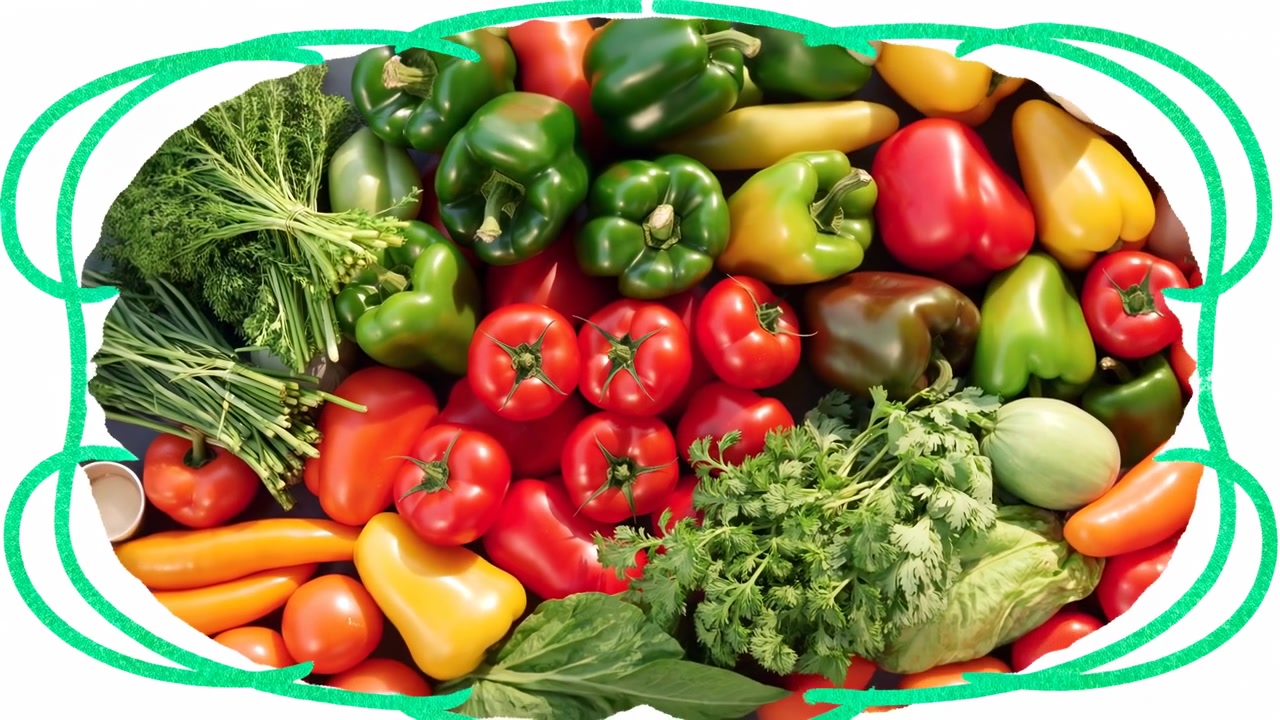 Across the early to late-middle sequence, a tightly packed basket of fresh vegetables stays centered in frame, with red tomatoes in the middle, green peppers