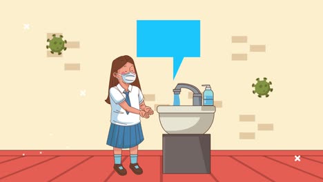 niña estudiante con máscara médica lavándose la mano con burbuja de habla