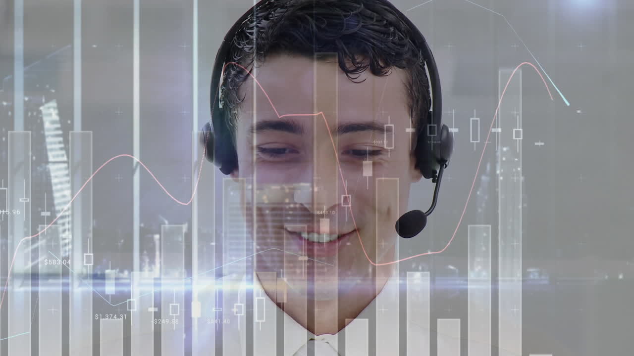 휴대폰 헤드 ⁇ 을 착용 한 사업가에 대한 금융 및 통계 데이터 처리 애니메이션