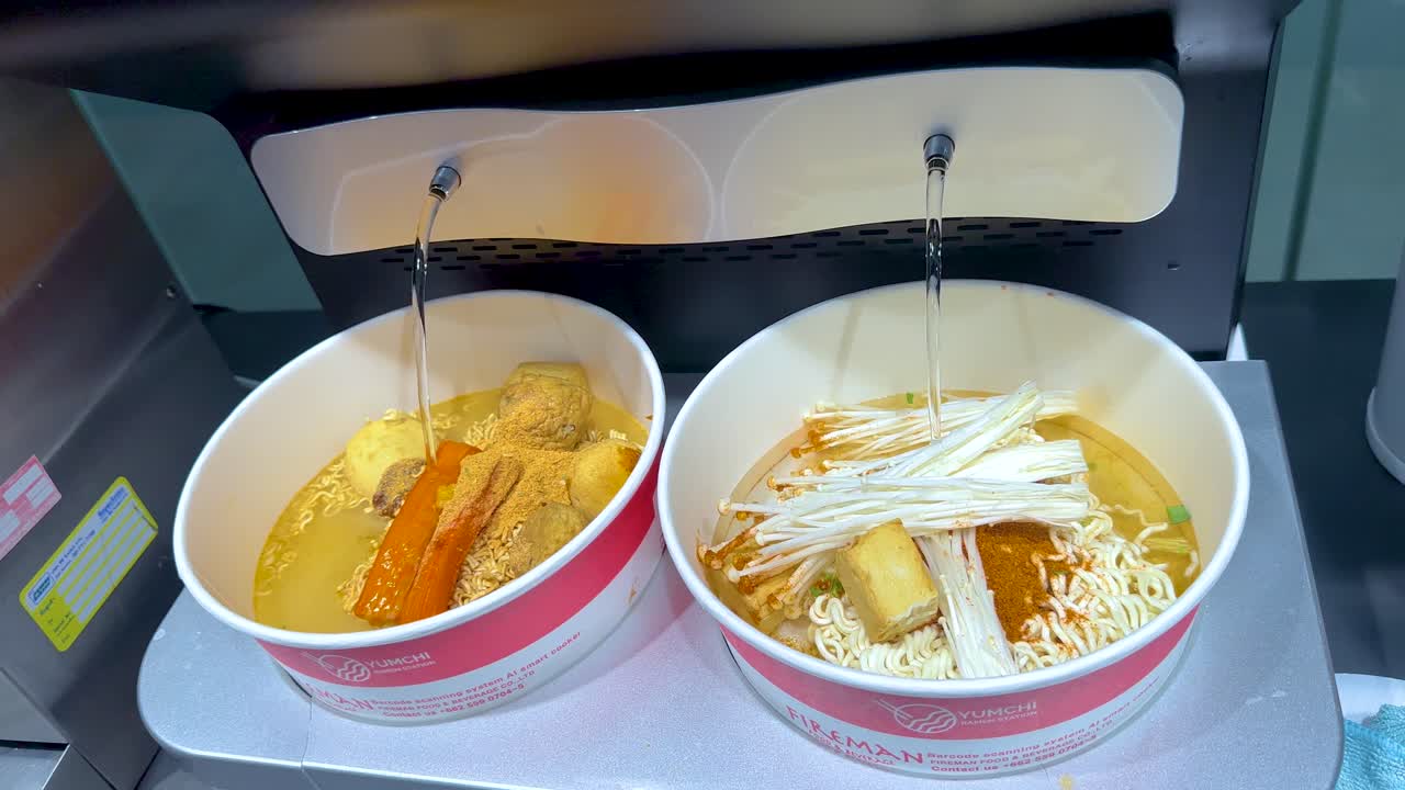 태국 방 에서 인스턴트 누들 컵 에 뜨거운 물 을 부어 넣는 것