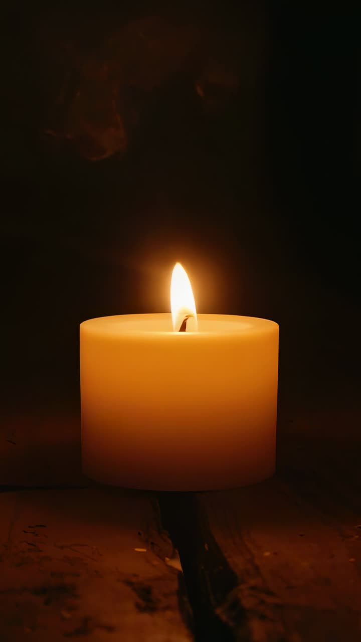 Candela a pilastro tremolante con la fiamma che si inclina e fumo che sale in una stanza in penombra, con stoppino e base di legno.
