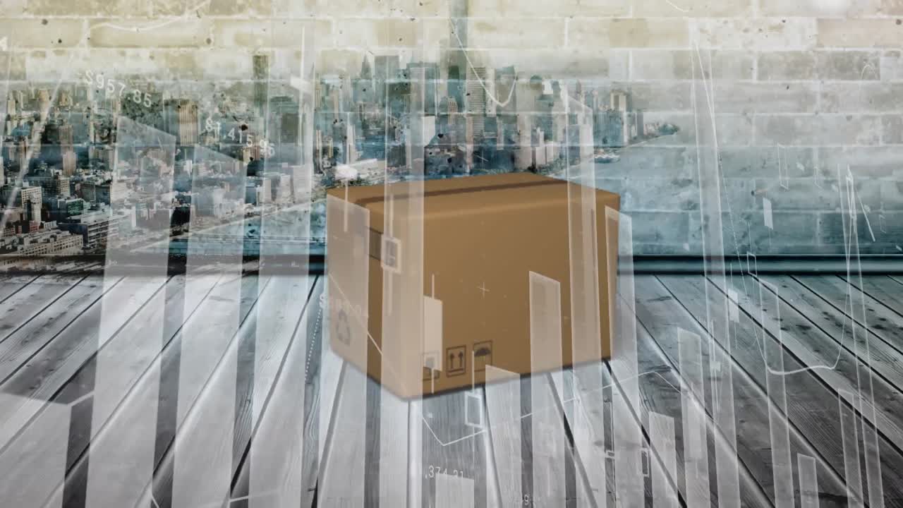 animación del procesamiento de estadísticas sobre cajas de cartón y paisajes urbanos