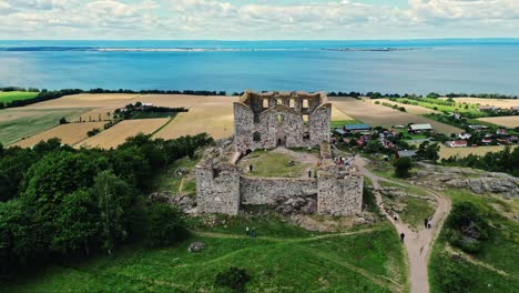 Aerial-of-the-Brahehus-Castle,-a-stone-castle-built-in-the-1600s,-Småland,-Sweden