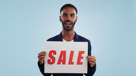 man, excited and poster sign for sale in mockup