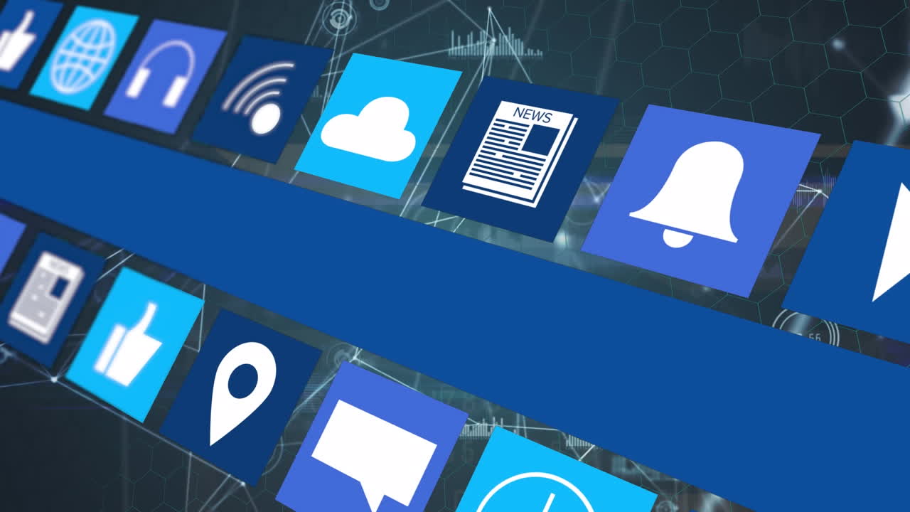 animación de iconos con procesamiento de datos y red de conexiones en fondo negro.
