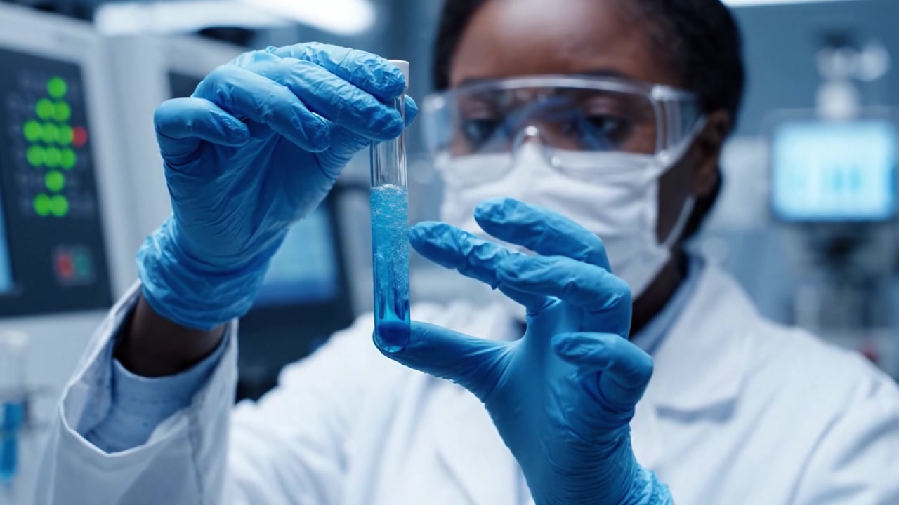 Chercheur en laboratoire réalisant des expériences avec des tubes à essai dans un environnement de haute technologie, démontrant des techniques scientifiques avancées et les précautions en laboratoire moderne.