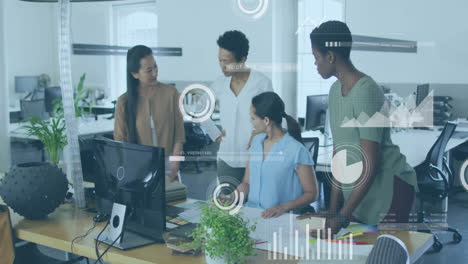 business data analytics animation over diverse team collaborating in modern office