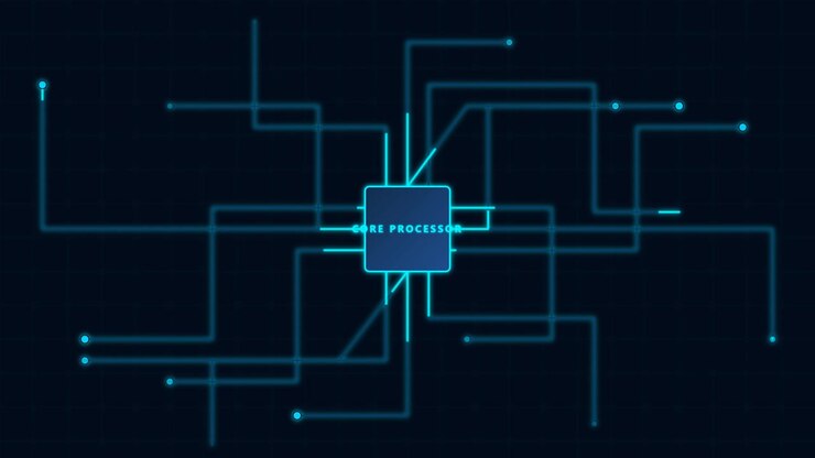 Digital Core Processor Chip with Glowing Data Network Connections
