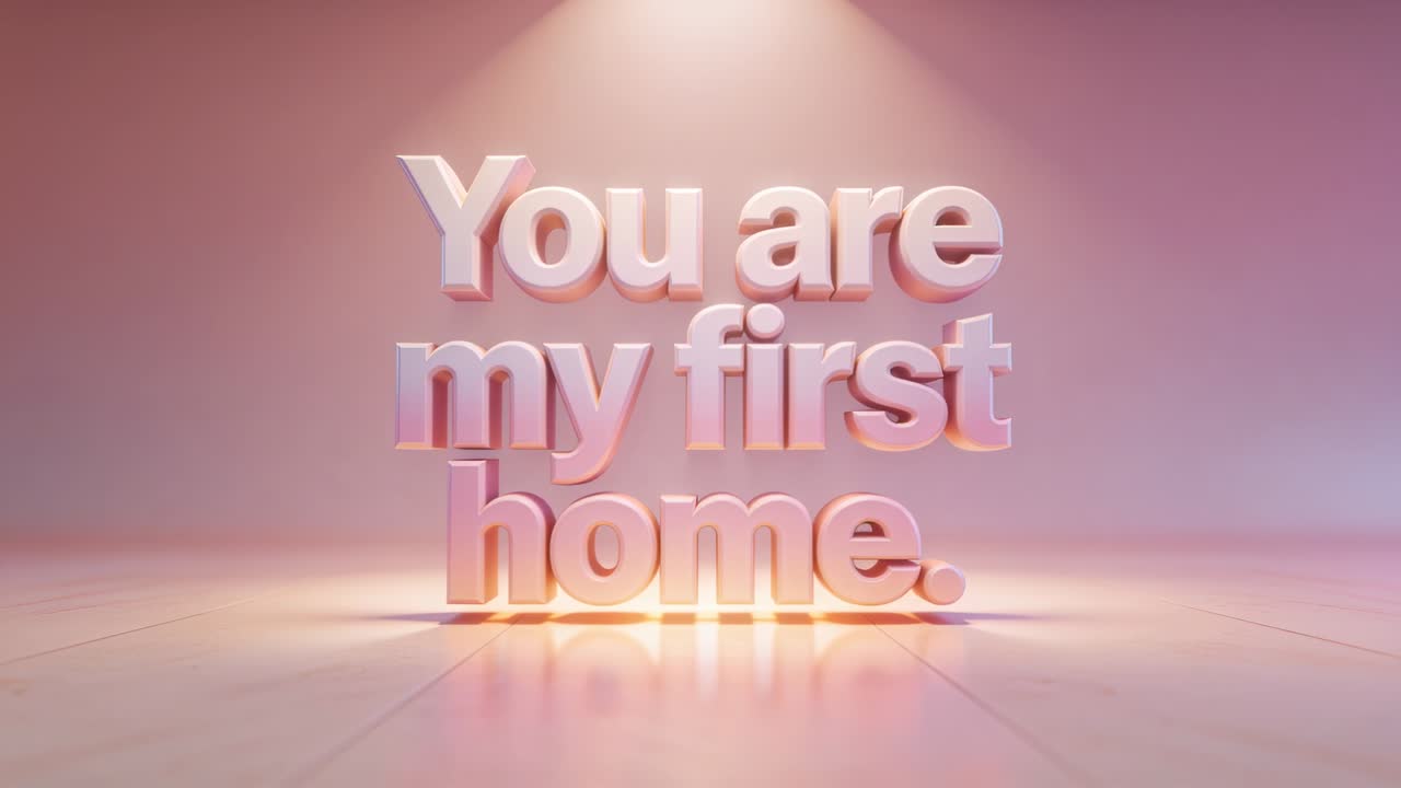 Pulling back, camera revealing 3D text 'You are my first home' in studio, rim light brightening